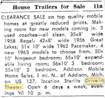 Starlite Drive-In Theatre - HOUSE TRAILERS FOR SALE AT THE DRIVE-IN SEPT 21 1963